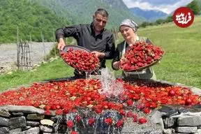 ببینید| غذای روستایی در آذربایجان؛ تهیه مربا و شربت با توت فرنگی در طبیعت