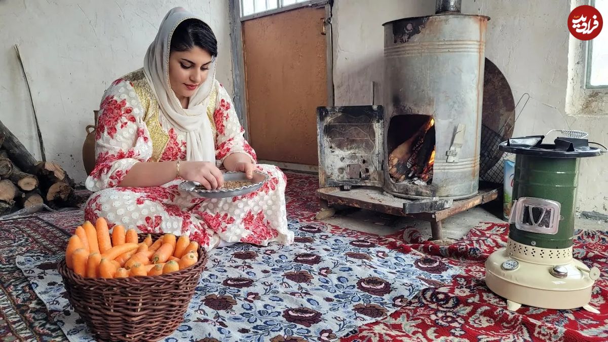 (ویدئو) پخت عدسی محلی و مربای هویج توسط دختر جوان روستایی کردستانی