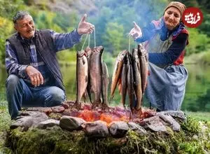 ببینید| غذای روستایی در آذربایجان؛ کباب کردن ماهی قزل آلا روی آتش در جنگل