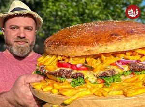 ببینید| غذای روستایی در آذربایجان؛ نحوه تهیه همبرگر بزرگ 10 کیلوگرمی در طبیعت