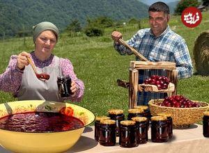 ببینید؛ غذای روستایی در آذربایجان؛ تهیه مربای آلبالو و زردآلو در طبیعت