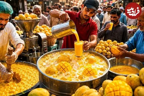 ببینید| غذای خیابانی در پاکستان؛ تهیه آب انبه و میلک شیک با 100 کیلو انبه در کراچی