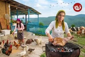 ببینید| غذای روستایی در ایران؛ کباب کردن ران بره و پخت نان در بشکه در طبیعت
