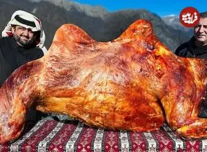 ببینید| غذای روستایی در آذربایجان؛ کباب کردن یک شتر کامل روی آتش