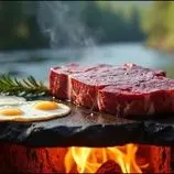 ببینید| غذای روستایی در آمریکا؛ پخت استیک و تخم مرغ روی سنگ در جنگل