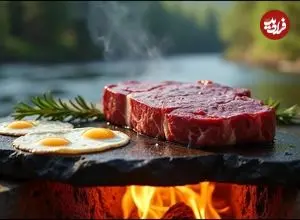 ببینید| غذای روستایی در آمریکا؛ پخت استیک و تخم مرغ روی سنگ در جنگل