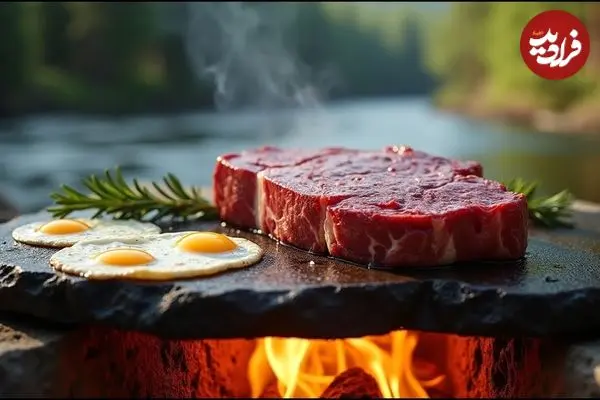 ببینید| غذای روستایی در آمریکا؛ پخت استیک و تخم مرغ روی سنگ در جنگل