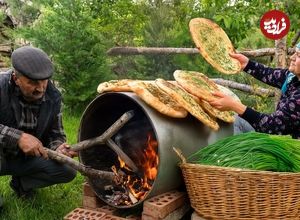 ببینید؛ غذای روستایی در آذربایجان؛ برداشت پیازچه وحشی از جنگل و پخت نان با آن ها