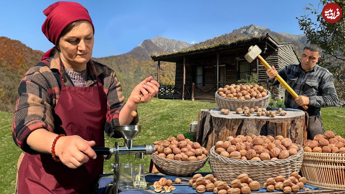 ببینید؛ غذای روستایی در آذربایجان؛ جمع آوری گردو و تهیه روغن و کیک با آن در طبیعت روستا