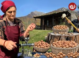 ببینید؛ غذای روستایی در آذربایجان؛ جمع آوری گردو و تهیه روغن و کیک با آن در طبیعت روستا