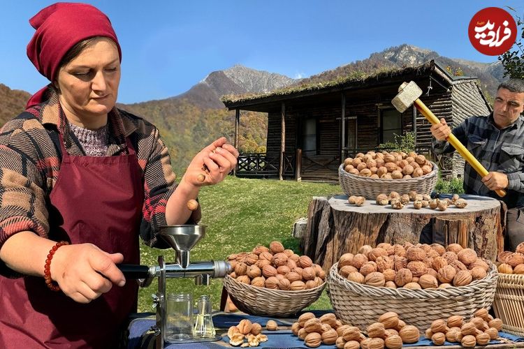 ببینید؛ غذای روستایی در آذربایجان؛ جمع آوری گردو و تهیه روغن و کیک با آن در طبیعت روستا