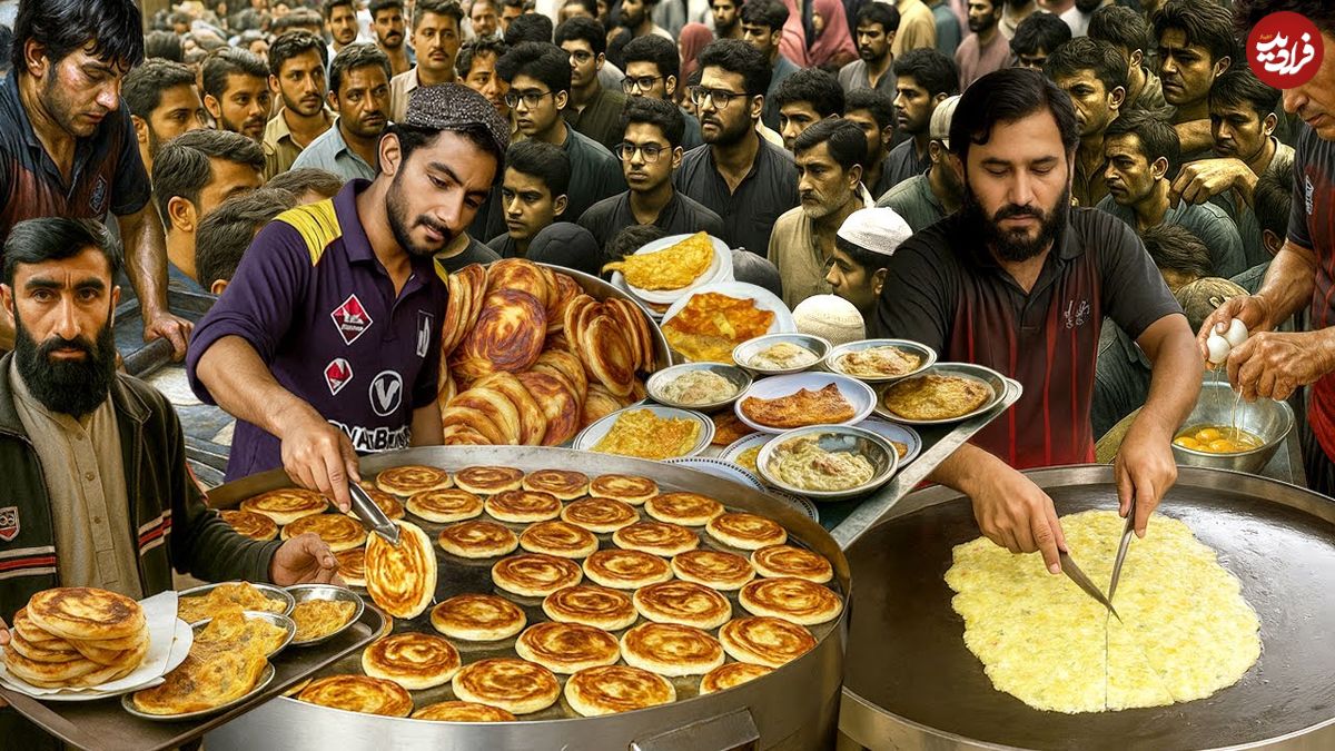 ببینید؛ غذای خیابانی در پاکستان؛ پخت نیمرو با نان سنتی پاراتا در کراچی