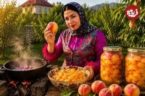 ببینید| غذای روستایی در ایران؛ تهیه کمپوت با هلوهای تازه در باغی زیبا