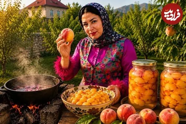 ببینید| غذای روستایی در ایران؛ تهیه کمپوت با هلوهای تازه در باغی زیبا