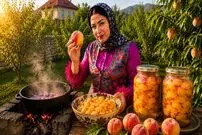 ببینید| غذای روستایی در ایران؛ تهیه کمپوت با هلوهای تازه در باغی زیبا