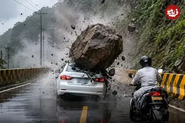 ببینید| ریزش هولناک سنگ بزرگ روی خودرو