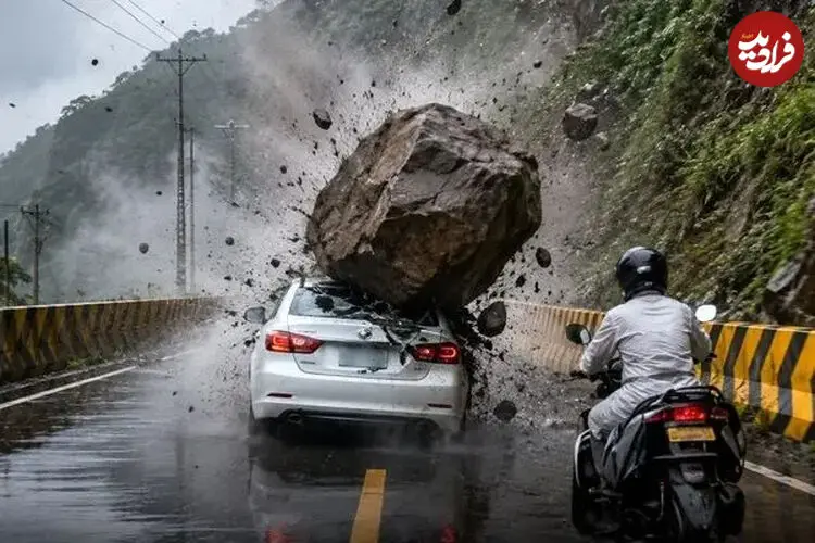 ببینید| ریزش هولناک سنگ بزرگ روی خودرو