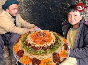ببینید؛ غذای روستایی در افغانستان؛ پخت کابلی پلوی پرطرفدار در غار توسط زوج افغان
