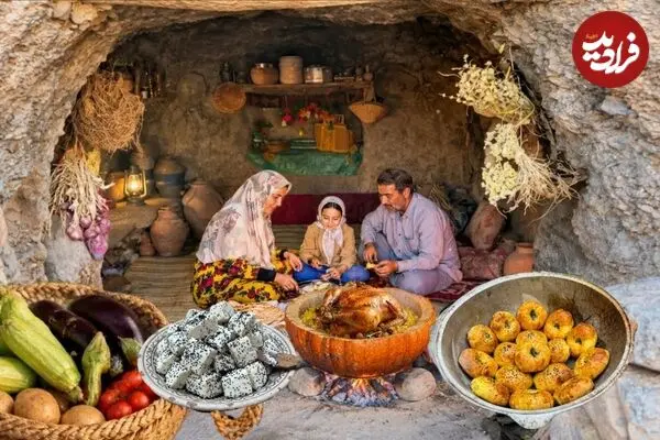 ببینید| غذای روستایی در ایران؛ پخت مرغ و بادمجان در کدو تنبل و تهیه نان سنتی و پنیر