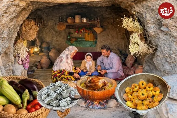 ببینید| غذای روستایی در ایران؛ پخت مرغ و بادمجان در کدو تنبل و تهیه نان سنتی و پنیر