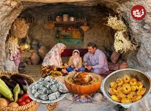 ببینید| غذای روستایی در ایران؛ پخت مرغ و بادمجان در کدو تنبل و تهیه نان سنتی و پنیر
