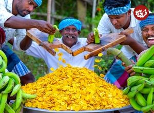 ببینید؛ غذای روستایی در هند؛ تهیه چیپس موز با روغن نارگیل در طبیعت