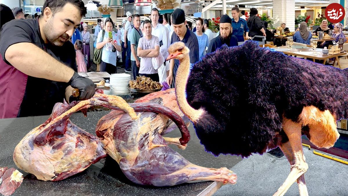 ببینید؛ غذای خیابانی در ازبکستان؛ پخت سمرقندپلو با گوشت شترمرغ در تاشکند