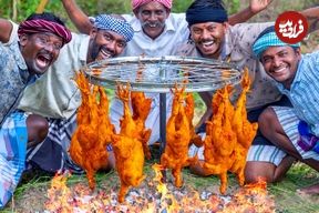 (ویدئو) غذای روستایی در هند؛ کباب کردن 10 مرغ با کمک چرخ دوچرخه