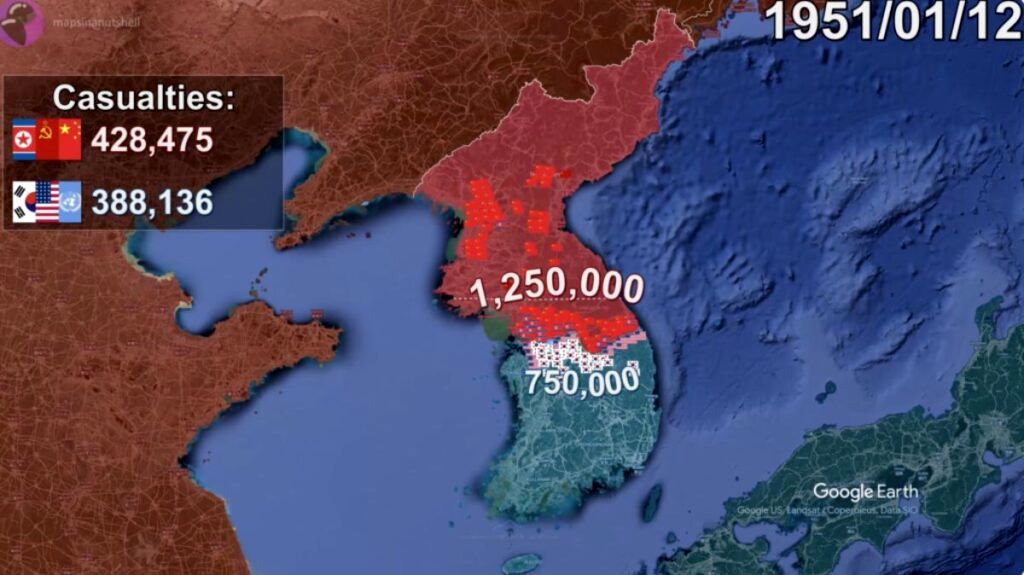 (ویدئو) این نقشه پویا روند جنگ دو کره را از سال ۱۹۵۰ تا ۱۹۵۳ به تصویر می کشد