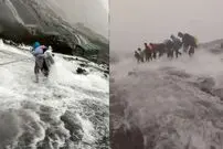 ببینید؛ گرفتار شدن کوهنوردان در سیلاب ناگهانی