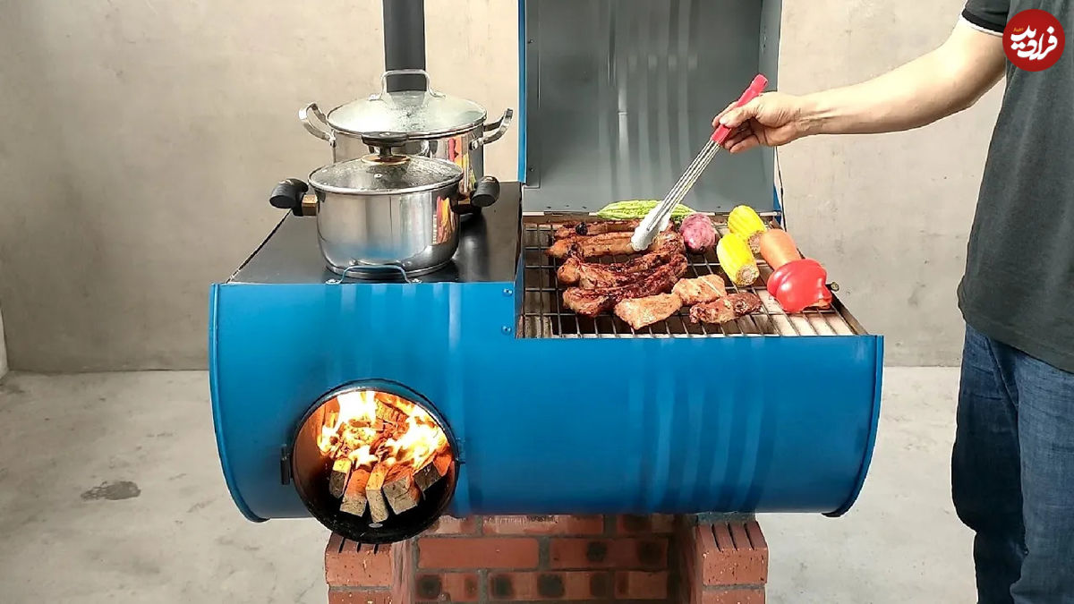 (ویدئو) نحوه ساخت خلاقانه کباب پز و اجاق هیزمی با بشکه آهنی