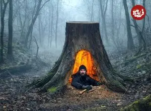 ببینید| مراحل صفر تا صد ساخت پناهگاه مخفی زیر تنه یک درخت در جنگل های آلمان