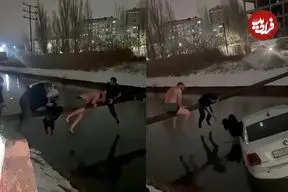 ببینید| نجات نفس‌گیر کودک از تاکسی در حال غرق شدن در کانال یخ‌زده در داغستان 