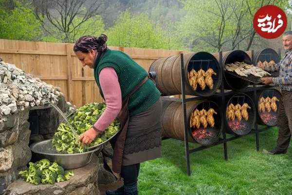 ببینید| غذای روستایی در آذربایجان؛ دودی کردن مرغ در بشکه و پخت خوراک مرغ و کلم بروکلی