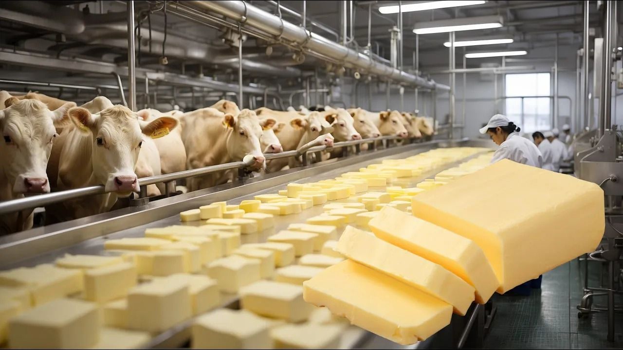 (ویدئو) فرآیند تهیه 10 میلیون تن کره از شیر گاو در یک کارخانه مشهور اروپایی