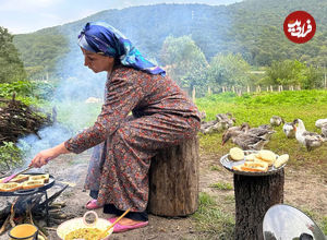 (ویدئو) غذای روستایی در مازندران؛ پخت غذای جدید با گوشت، سوسیس و پیاز