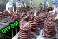 (ویدئو) فرآیند تهیه و تولید صدها تن سوسیس خون در یک کارخانه مشهور