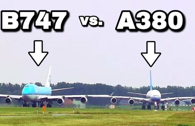 (ویدئو) تیک آف همزمان دو هواپیمای غول پیکر ایرباس A380 و بوئینگ 747 از روی یک باند!