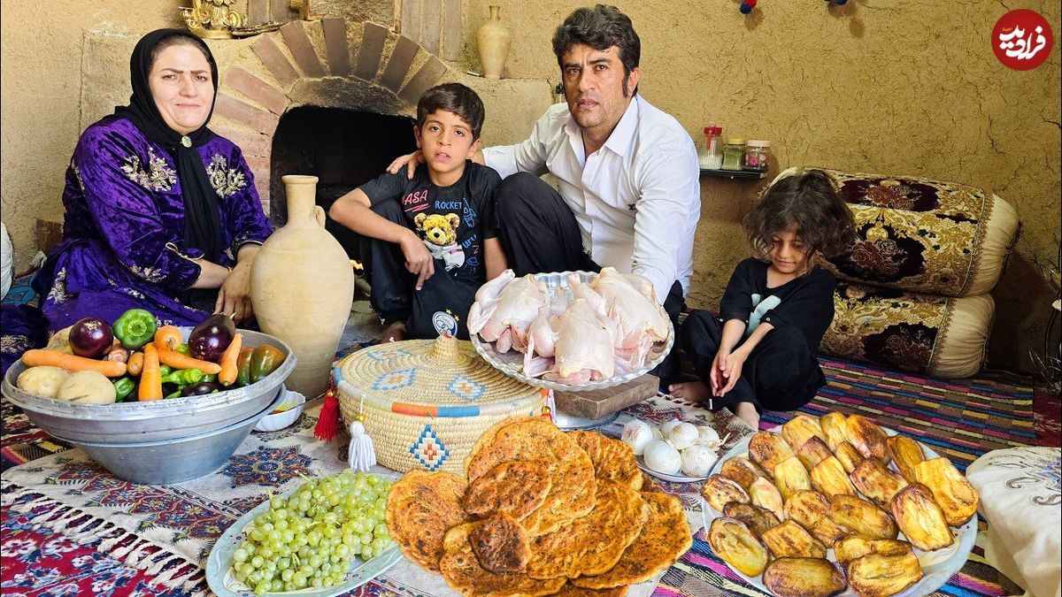 ببینید؛ غذای روستایی در ایران؛ پخت نان سنتی و غذا با 3 مرغ کامل، سیب زمینی و بادمجان