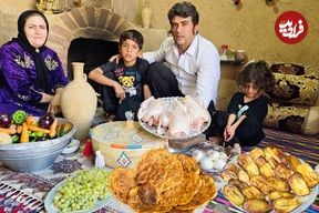ببینید؛ غذای روستایی در ایران؛ پخت نان سنتی و غذا با 3 مرغ کامل، سیب زمینی و بادمجان