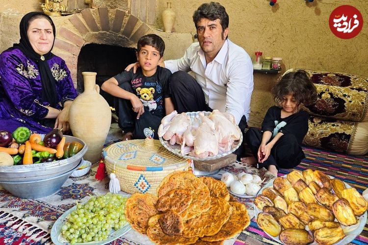 ببینید؛ غذای روستایی در ایران؛ پخت نان سنتی و غذا با 3 مرغ کامل، سیب زمینی و بادمجان