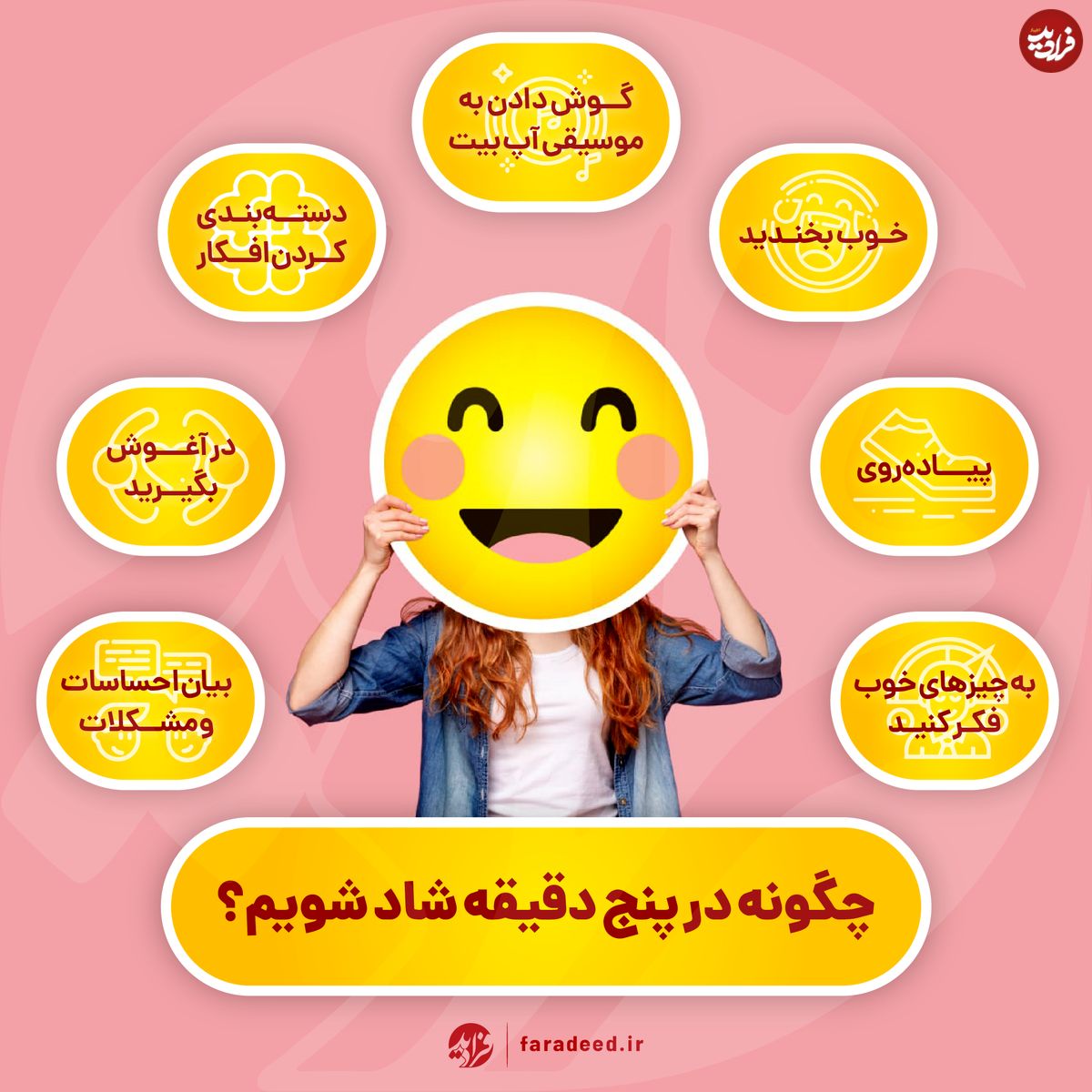 اینفوگرافی/ چطور در پنج دقیقه شاد شویم؟