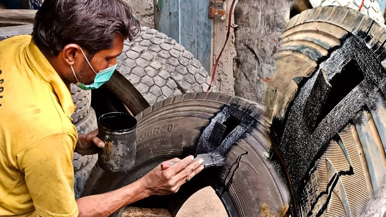 (ویدئو) تکنیک هوشمندانه استاد پاکستانی برای تعمیر پارگی لاستیک بزرگ کامیون