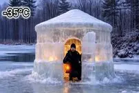 ببینید| روند ساخت یک پناهگاه با قطعات یخ و در جنگل های آلمان