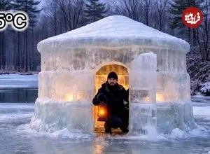 ببینید| روند ساخت یک پناهگاه با قطعات یخ و در جنگل های آلمان