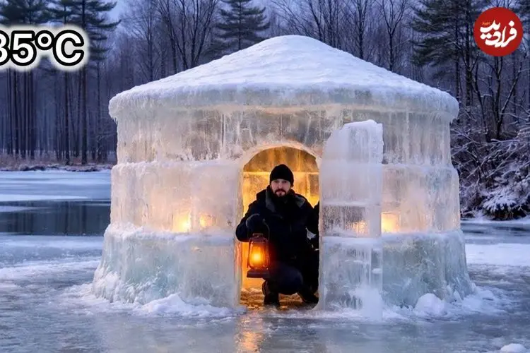 ببینید| روند ساخت یک پناهگاه با قطعات یخ و در جنگل های آلمان