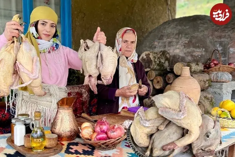 ببینید| غذای روستایی در ایران؛ اردک کبابی روی آتش با پوره سیب زمینی