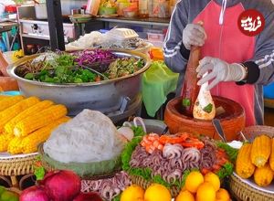 ببنیید؛ غذای خیابانی در کامبوج؛ تهیه سالاد بوک لاهونگ و گوشت گریل شده در پنوم پن