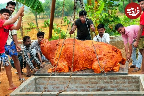 ببینید| غذای روستایی در هند؛ کباب یک بوفالو 500 کیلوگرمی در تنور زیر زمینی