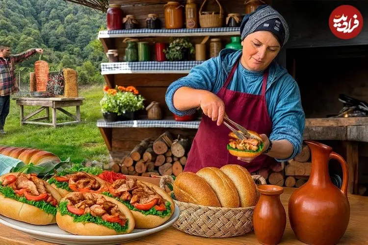 ببینید| غذای  روستایی در آذربایجان؛ تهیه ساندویچ دونر با مرغ روی زغال در طبیعت